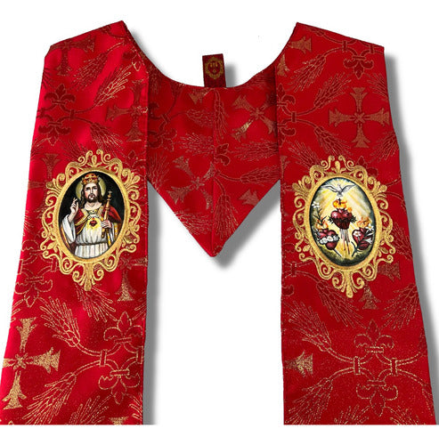 Estola Sacerdotal Brocada Bordada, Pintada A Mano Roja