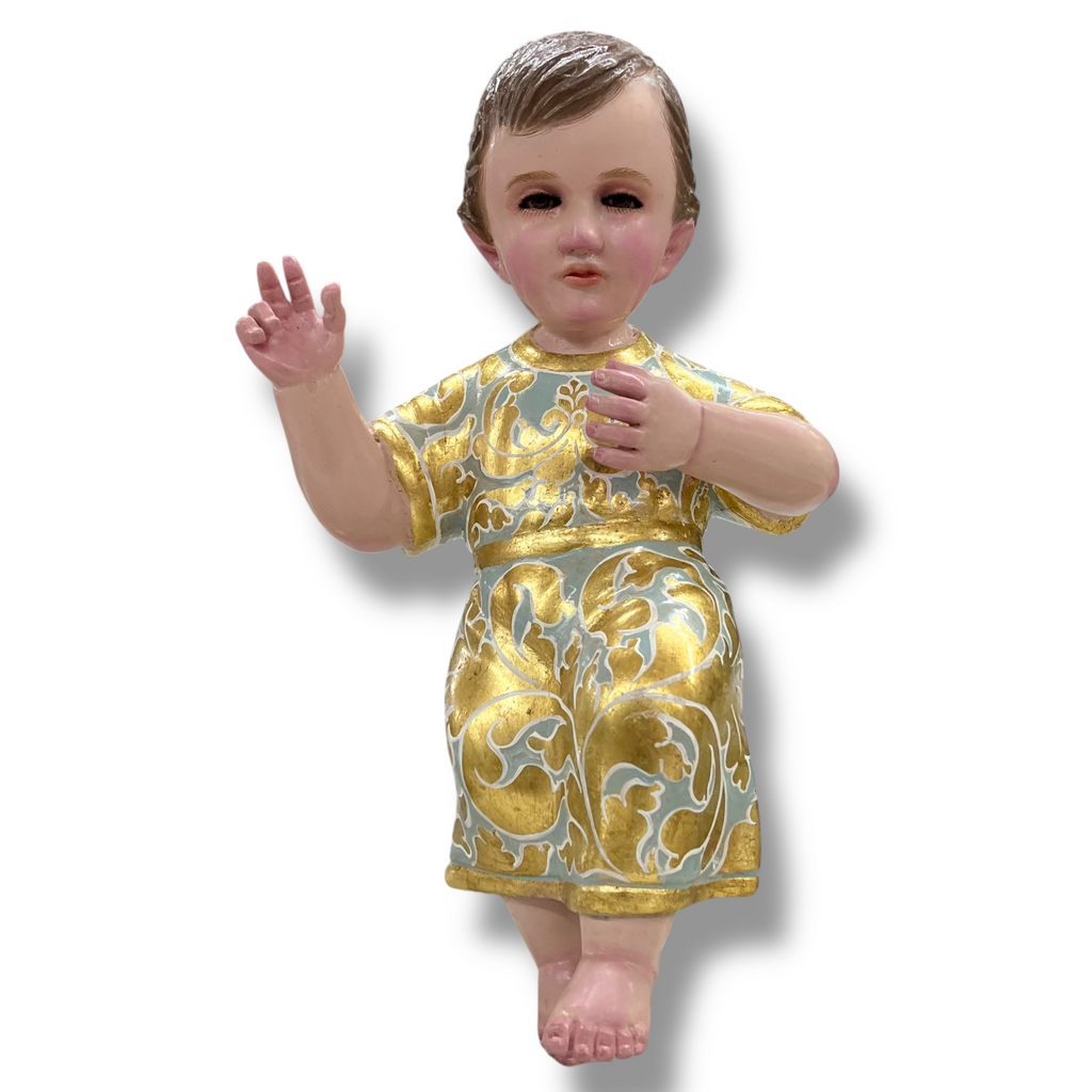 Niño Dios Tallado En Madera, Terminado Bruñido y Estofado en Hoja de Oro 32cm