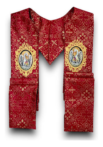 Estola Sacerdotal Brocada Bordada, Pintada A Mano Roja