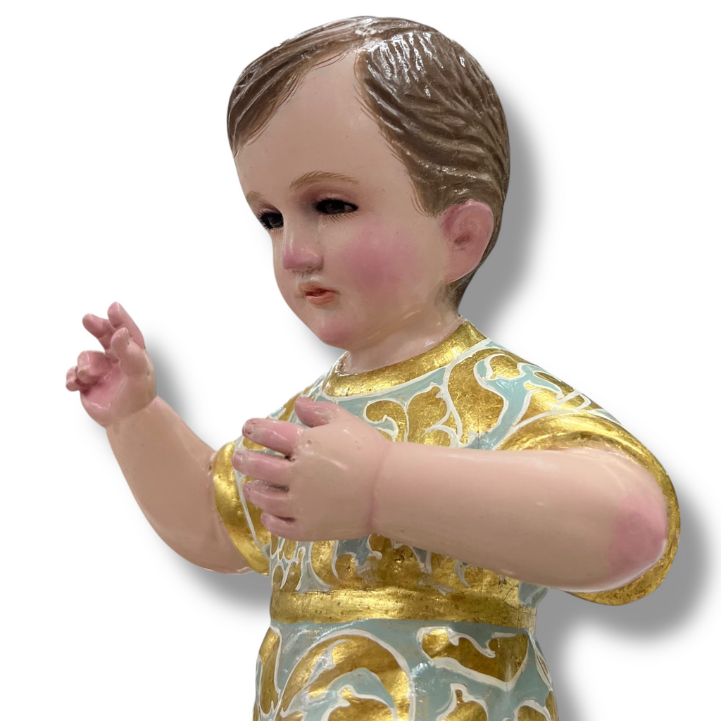 Niño Dios Tallado En Madera, Terminado Bruñido y Estofado en Hoja de Oro 32cm