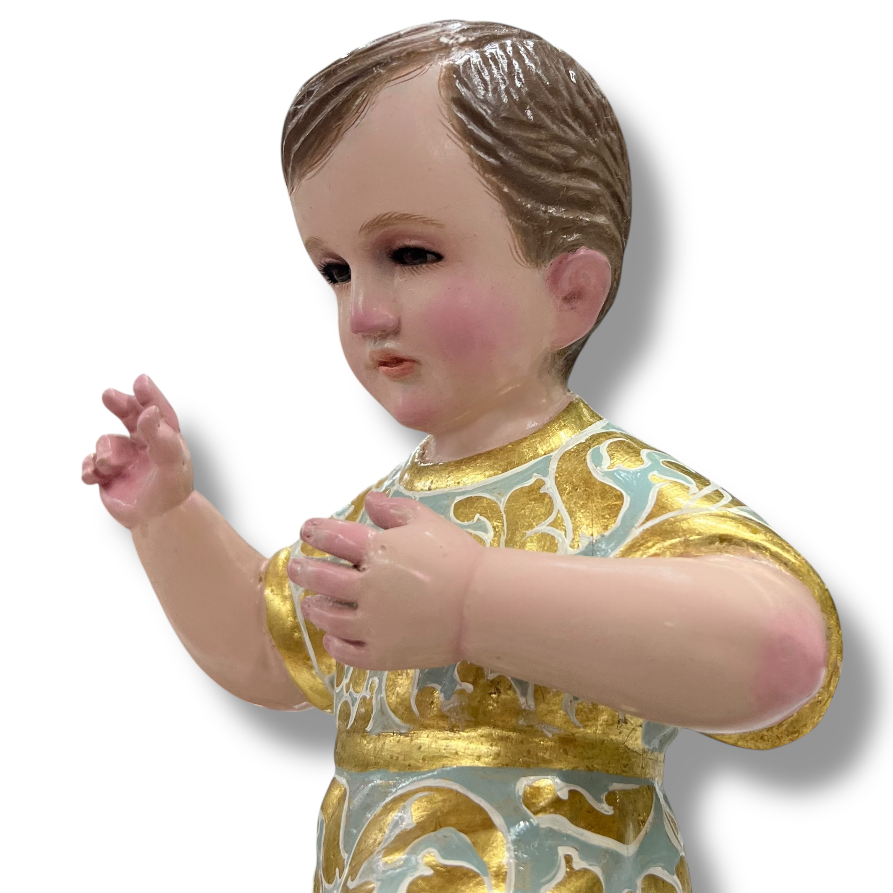 Niño Dios Tallado En Madera, Terminado Bruñido y Estofado en Hoja de Oro 32cm