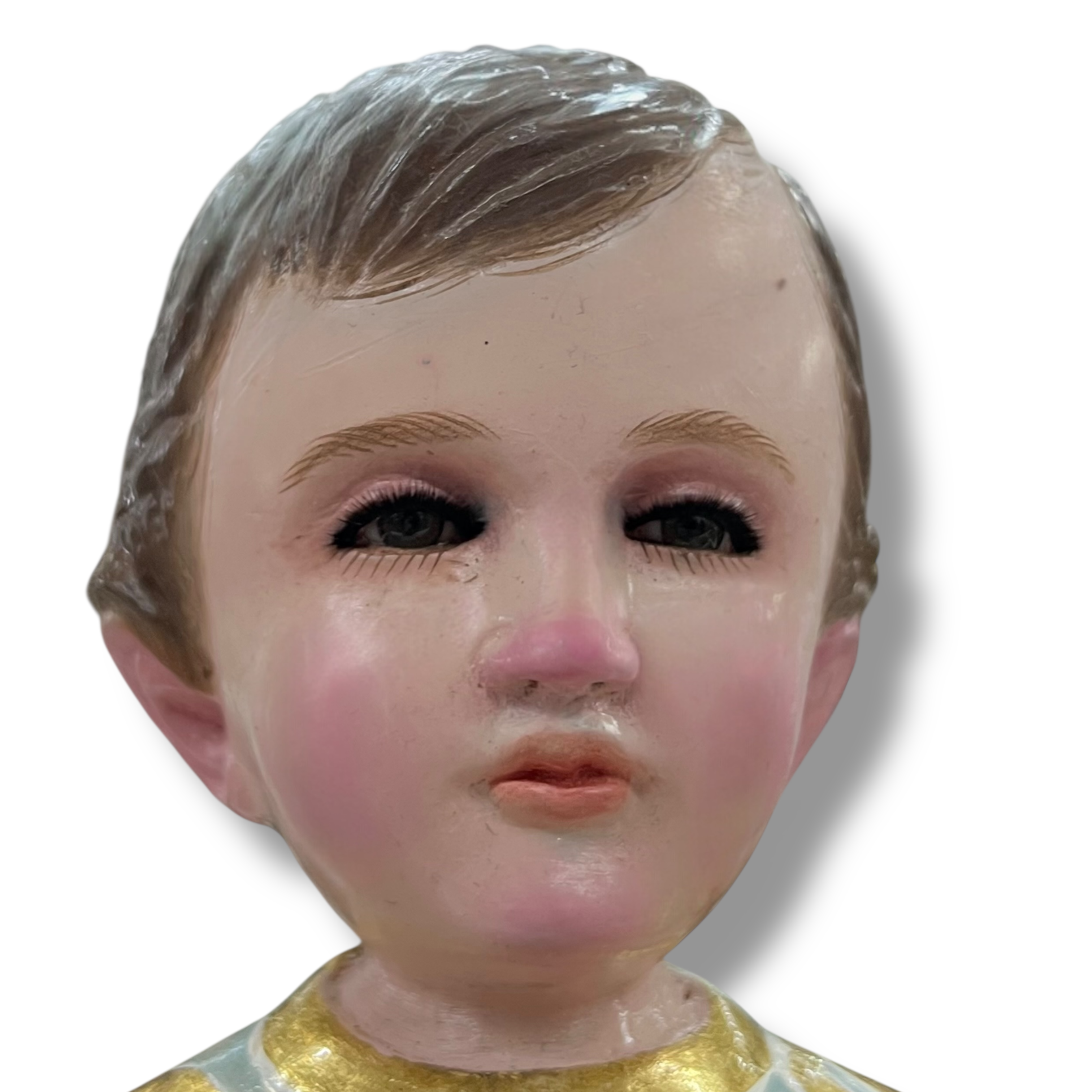 Niño Dios Tallado En Madera, Terminado Bruñido y Estofado en Hoja de Oro 32cm