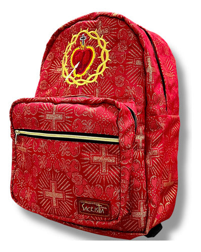 Mochila Sacristía En Tela Brocada Roja Con El Corazón De Jesús Bordado