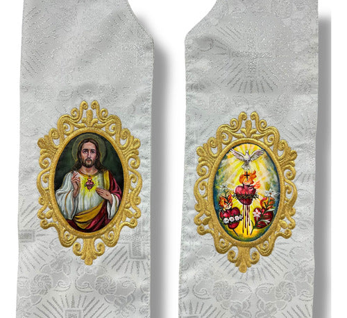Estola Sacerdotal Brocada Bordada, Pintada A Mano Plateada