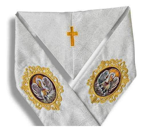 Estola Sacerdotal Brocada Bordada, Pintada A Mano Plateada