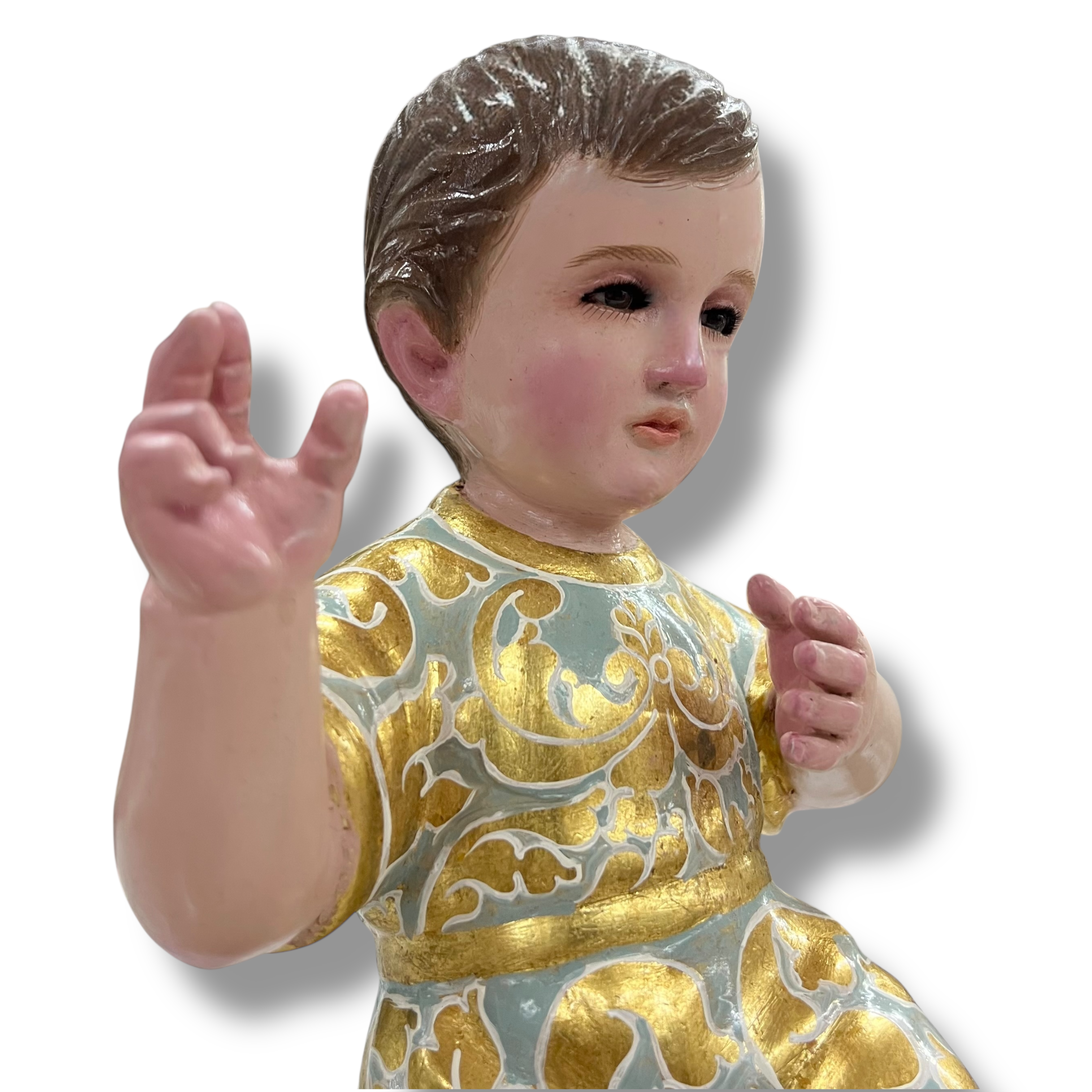 Niño Dios Tallado En Madera, Terminado Bruñido y Estofado en Hoja de Oro 32cm