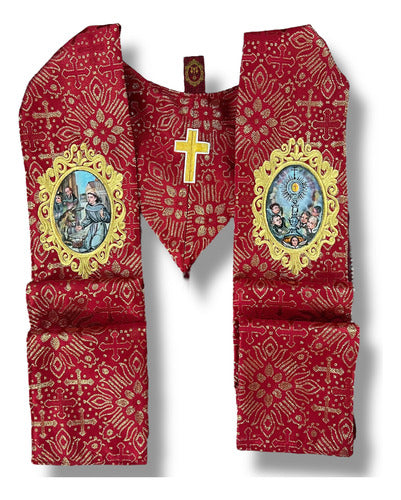 Estola Sacerdotal Brocada Bordada, Pintada A Mano Roja