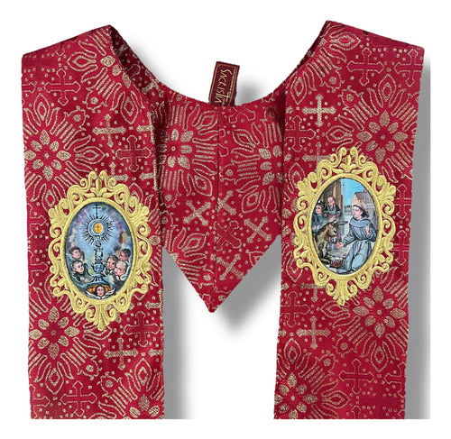 Estola Sacerdotal Brocada Bordada, Pintada A Mano Roja