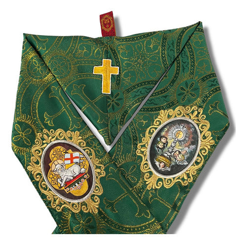 Estola Sacerdotal Brocada Y Bordada,  Pintada A Mano Verde