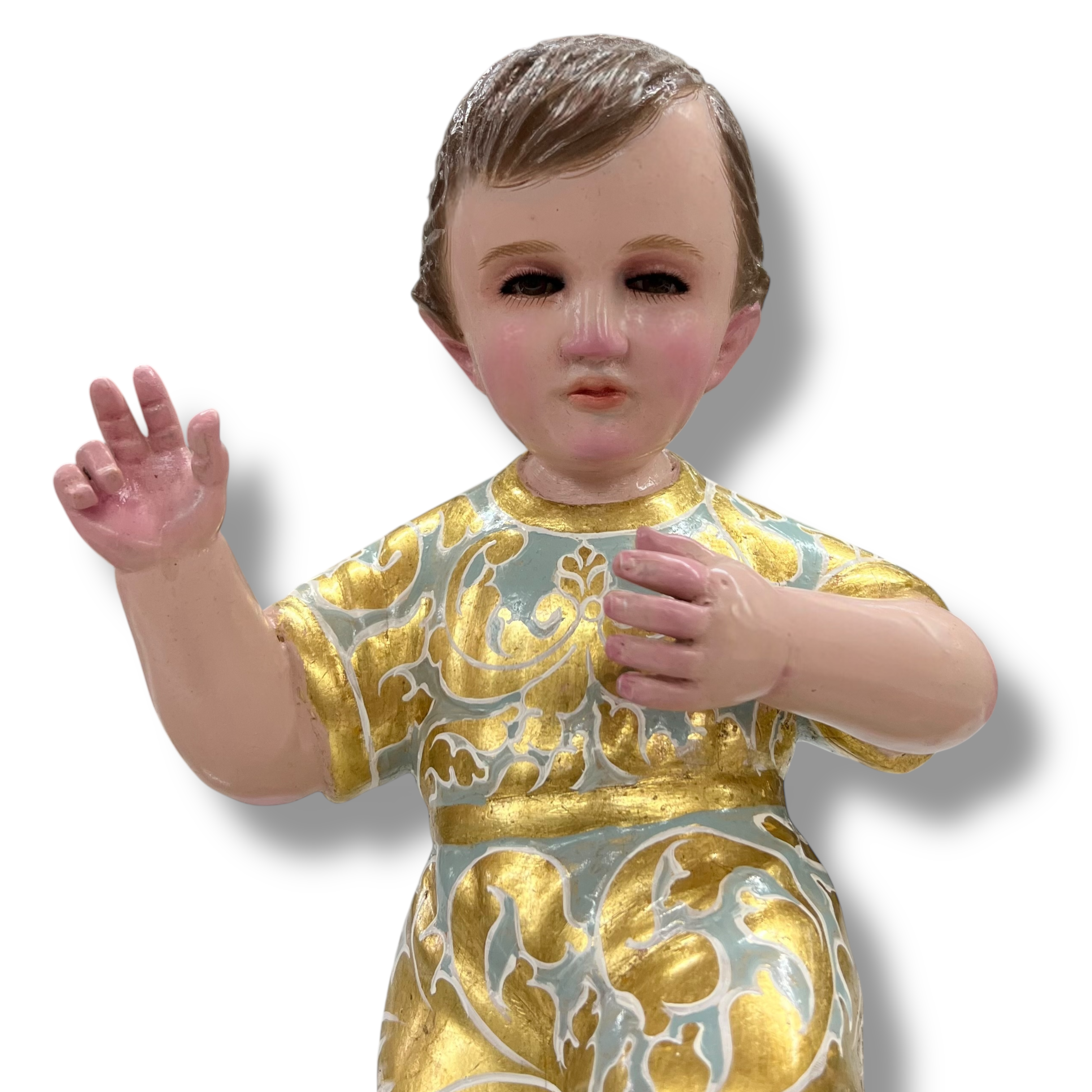 Niño Dios Tallado En Madera, Terminado Bruñido y Estofado en Hoja de Oro 32cm