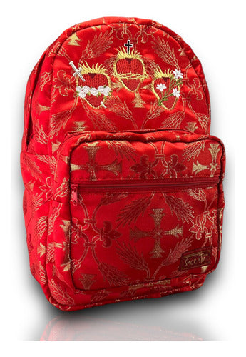 Mochila Sacristía En Tela Brocada Roja Con 3 Corazones Bordados