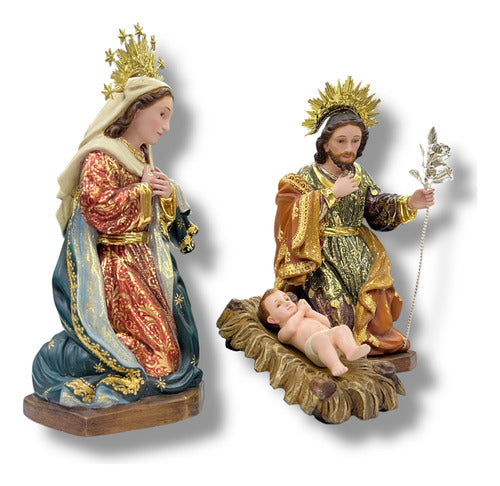 Nacimiento 3piezas 20cm Talla En Madera Estofado En Oro Fino
