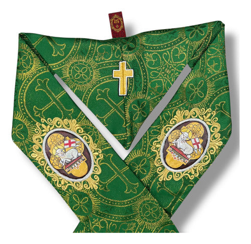 Estola Sacerdotal Brocada Y Bordada,  Pintada A Mano Verde