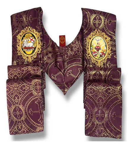 Estola Sacerdotal Brocada Bordada, Pintada A Mano Morada