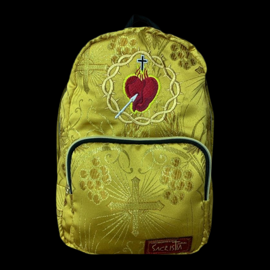 Mochila Mini Sacristía En Tela Brocada Bordada Dorada Corazon De Jesús