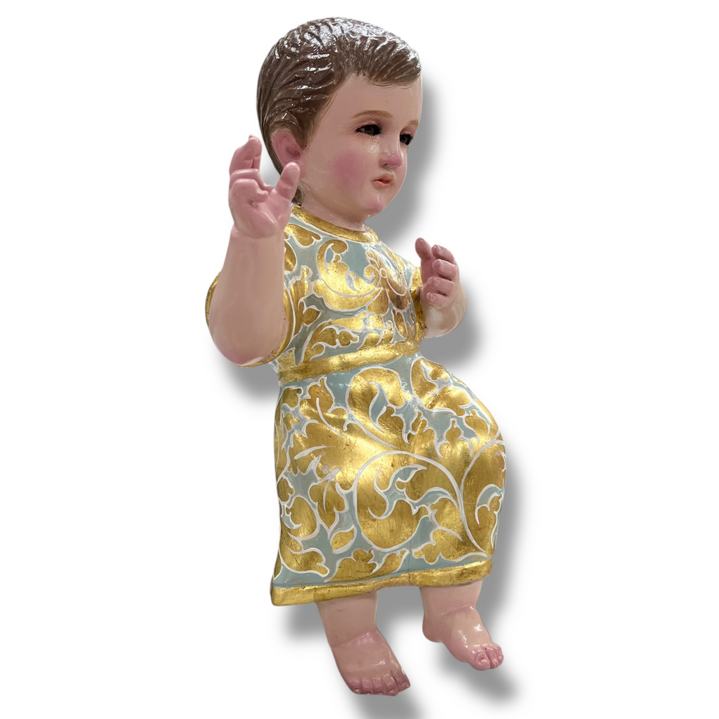 Niño Dios Tallado En Madera, Terminado Bruñido y Estofado en Hoja de Oro 32cm