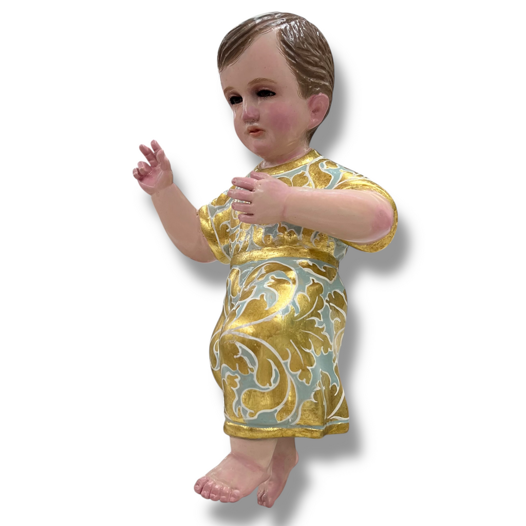 Niño Dios Tallado En Madera, Terminado Bruñido y Estofado en Hoja de Oro 32cm