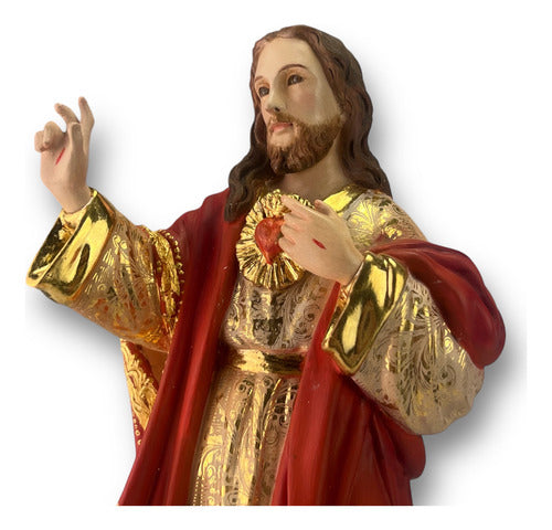 Sagrado Corazón De Jesus Talla En Madera Con Oro Fino 30cm