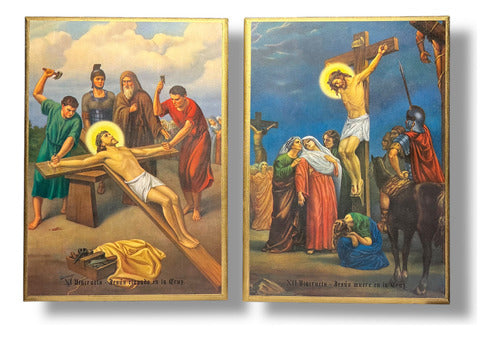 Juego De Viacrucis En Acabado Dorado 42cm X 30cm (15 Pzas)