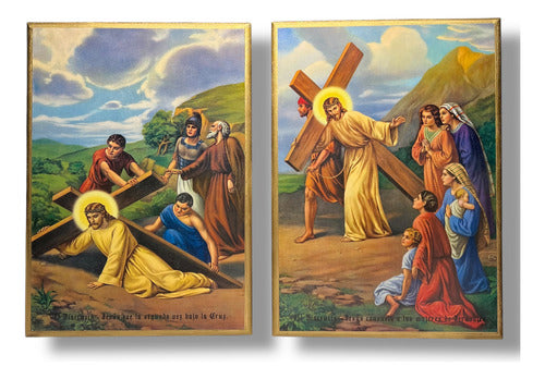 Juego De Viacrucis En Acabado Dorado 42cm X 30cm (15 Pzas)