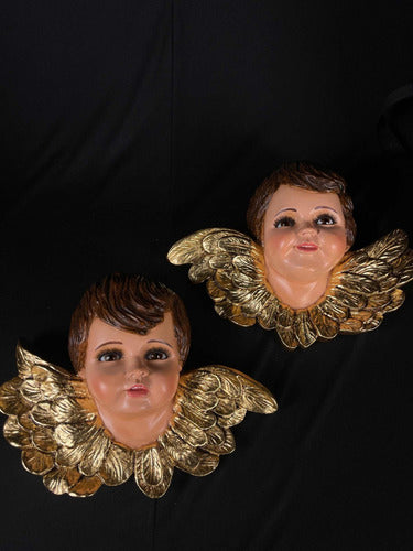 Par  Querubines Policromía Al Óleo Y Alas En Hoja De Oro