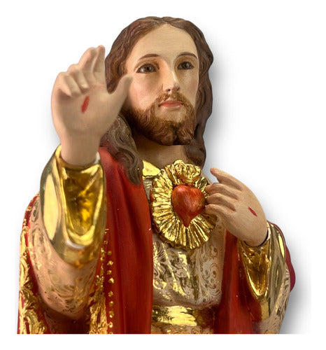 Sagrado Corazón De Jesus Talla En Madera Con Oro Fino 30cm