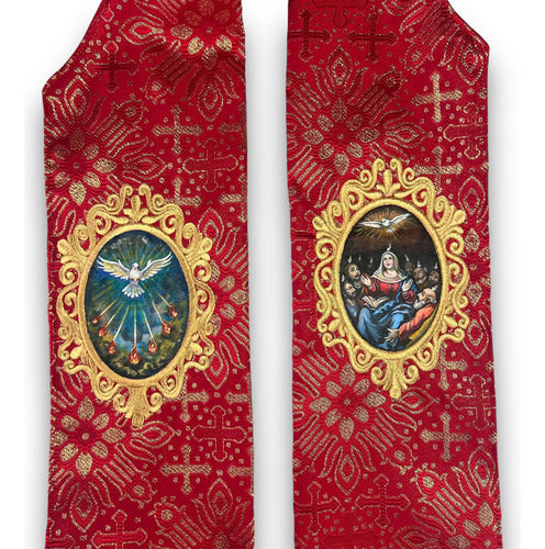Estola Sacerdotal Brocada Bordada, Pintada A Mano Roja