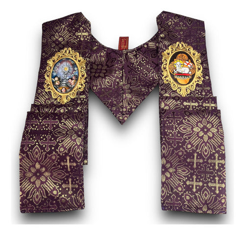 Estola Sacerdotal Brocada Bordada, Pintada A Mano Morada
