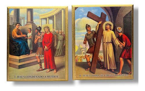 Juego De Viacrucis En Acabado Dorado 27cm X 22cm (15 Pzas)
