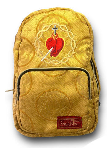 Mochila Mini Sacristía En Tela Brocada Bordada Dorada Corazon De Jesús