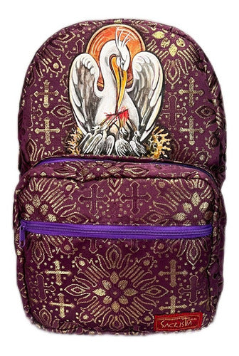 Mochila Sacristía Morada Símbolo Pelicano Cristiano