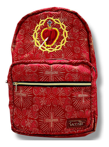 Mochila Sacristía En Tela Brocada Roja Con El Corazón De Jesús Bordado