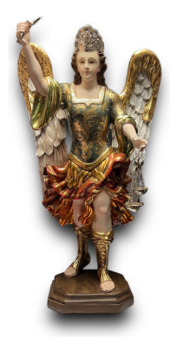 San Miguel Arcángel En Madera Estofado En Oro Fino 43cm