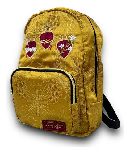 Mochila Mini Sacristía Bordada 3 Corazones Brocada Dorada