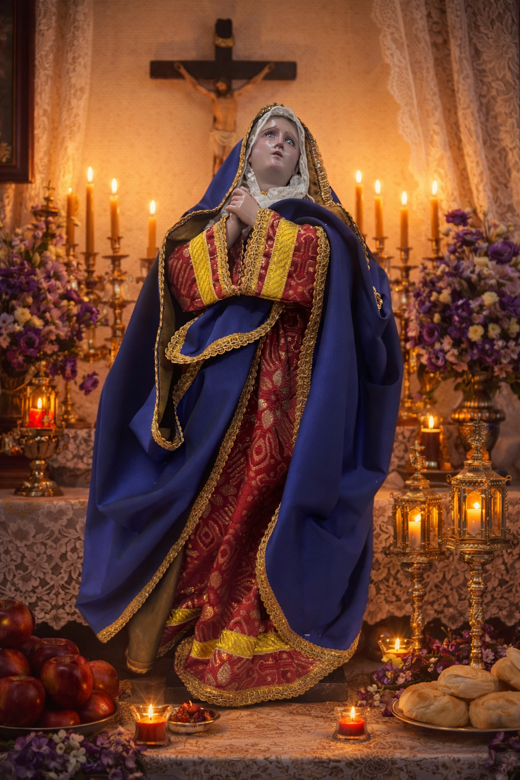 Virgen De Los Dolores 52cm  Óleo Bruñido