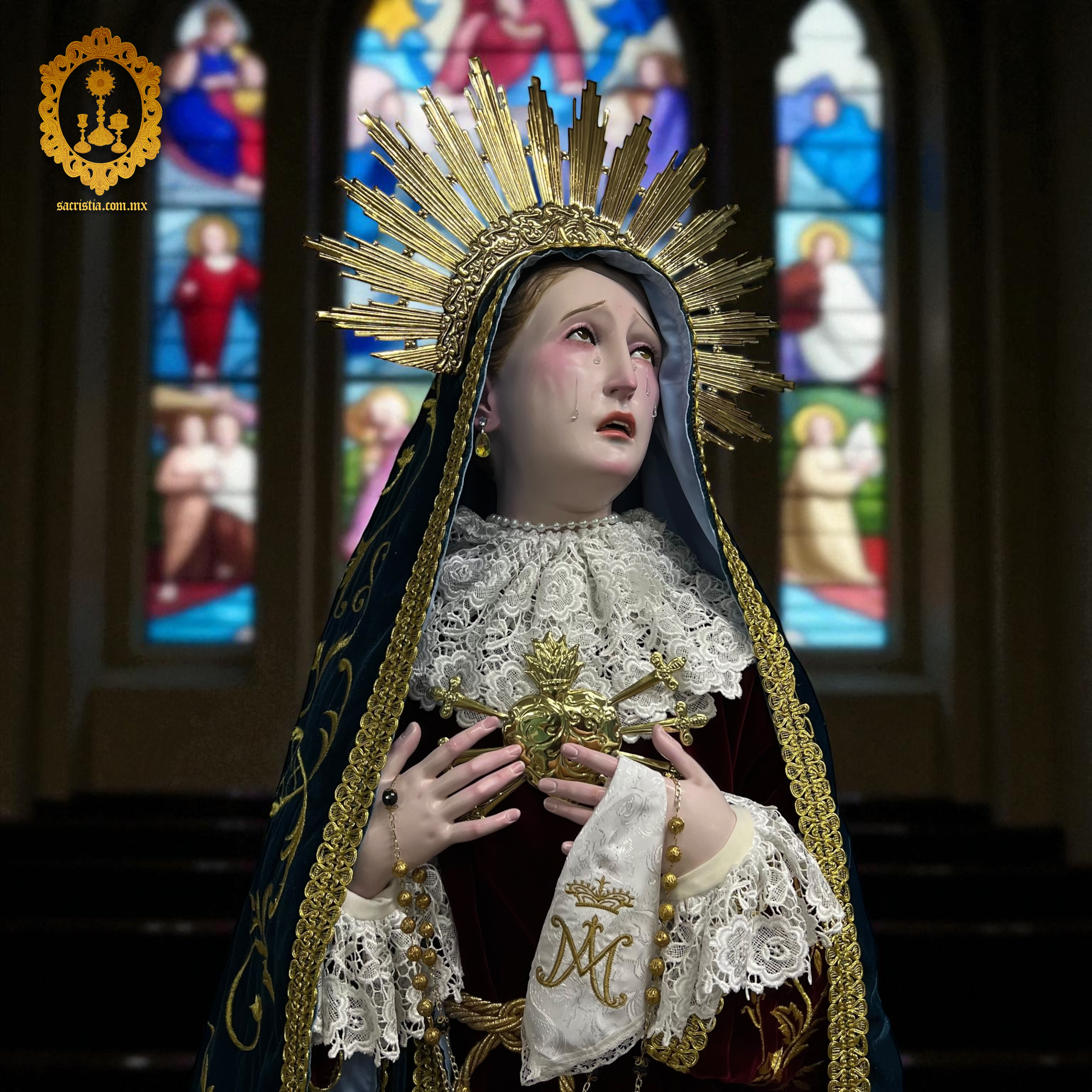 Virgen De Los Dolores O Dolorosa Bruñida Acabado Fino 203cm
