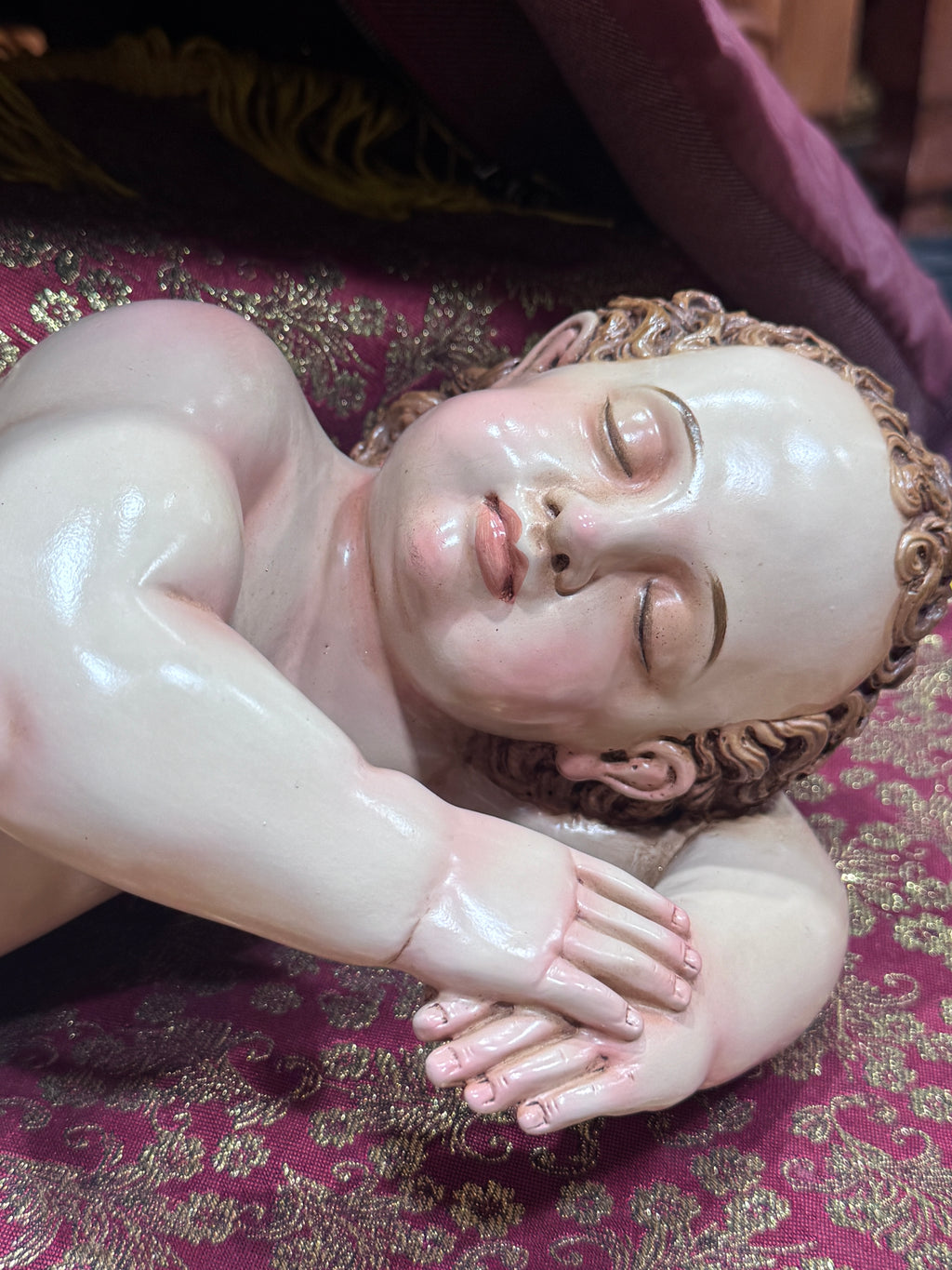 Niño Dios Dormido Tallado En Madera Cedro Rojo 40cm