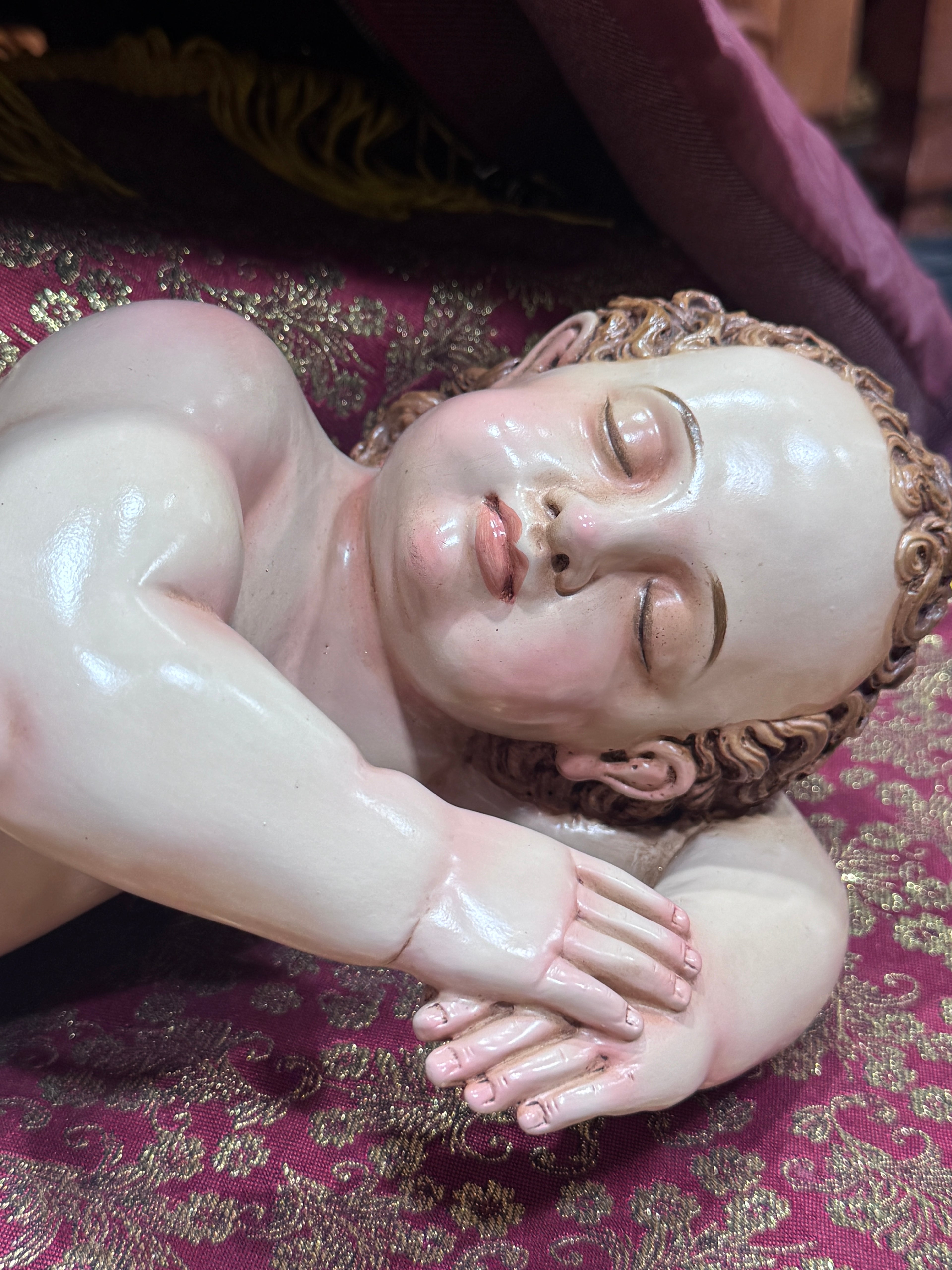 Niño Dios Dormido Tallado En Madera Cedro Rojo 40cm