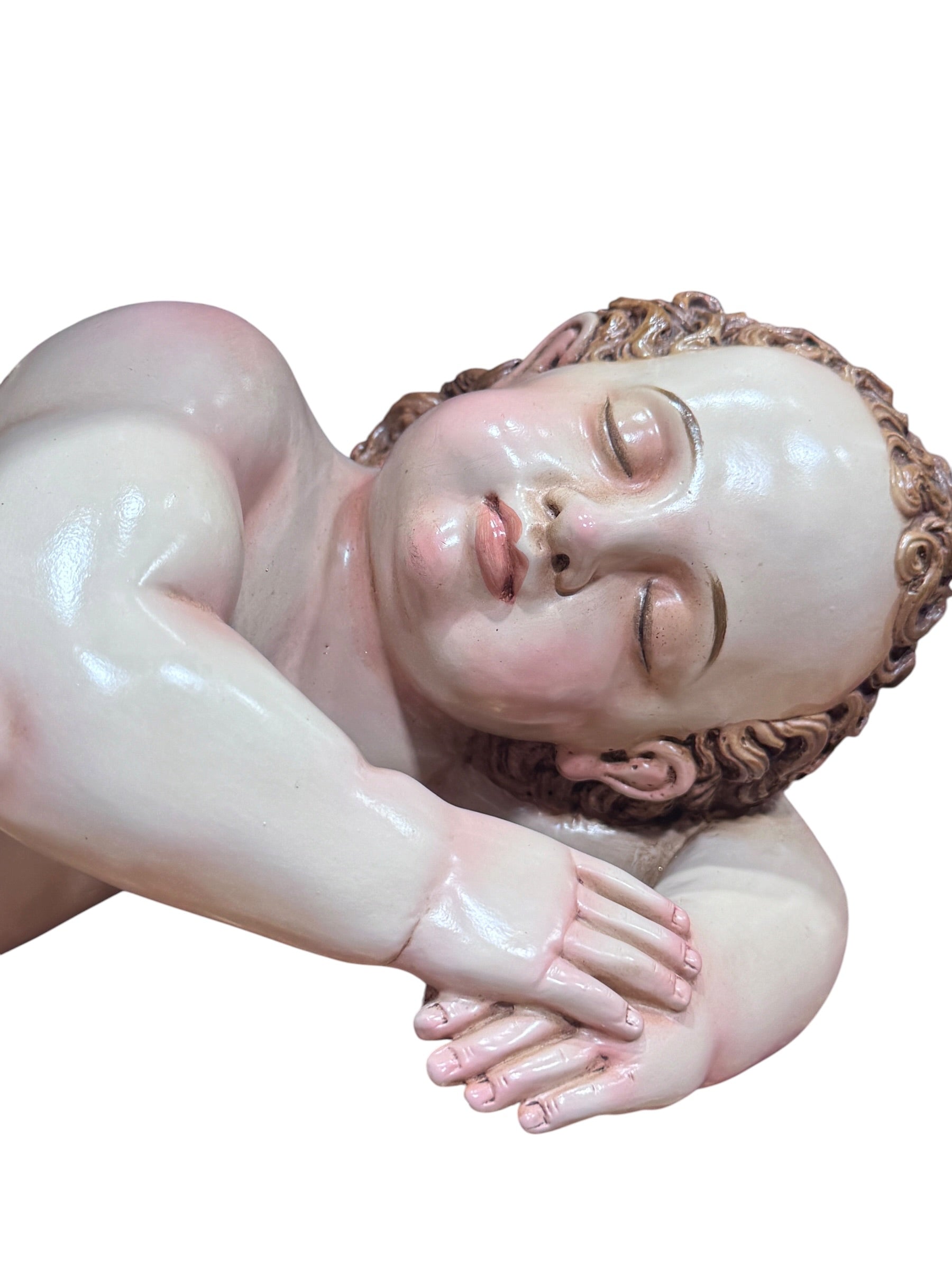 Niño Dios Dormido Tallado En Madera Cedro Rojo 40cm