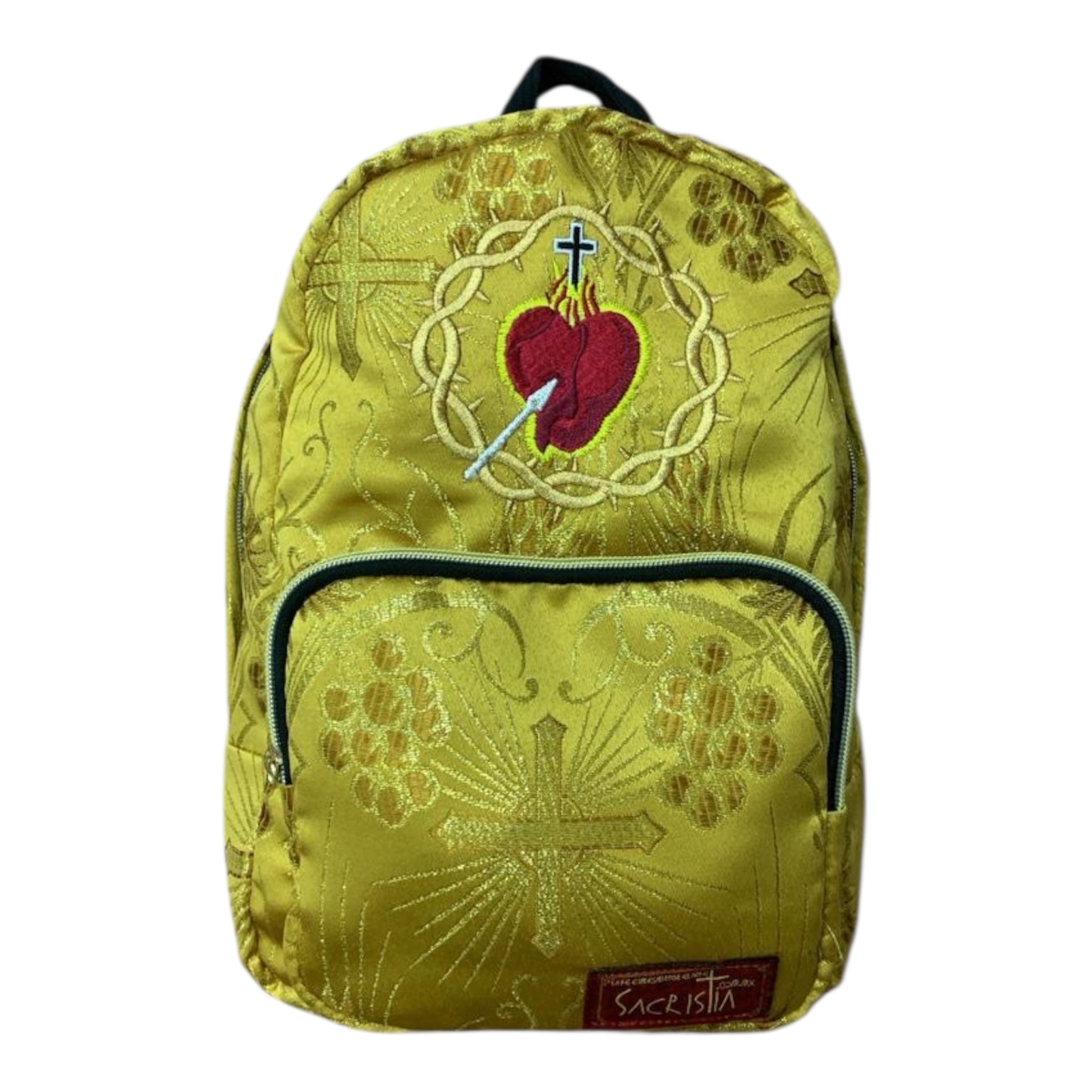 Mochila Mini Sacristía En Tela Brocada Bordada Dorada Corazon De Jesús
