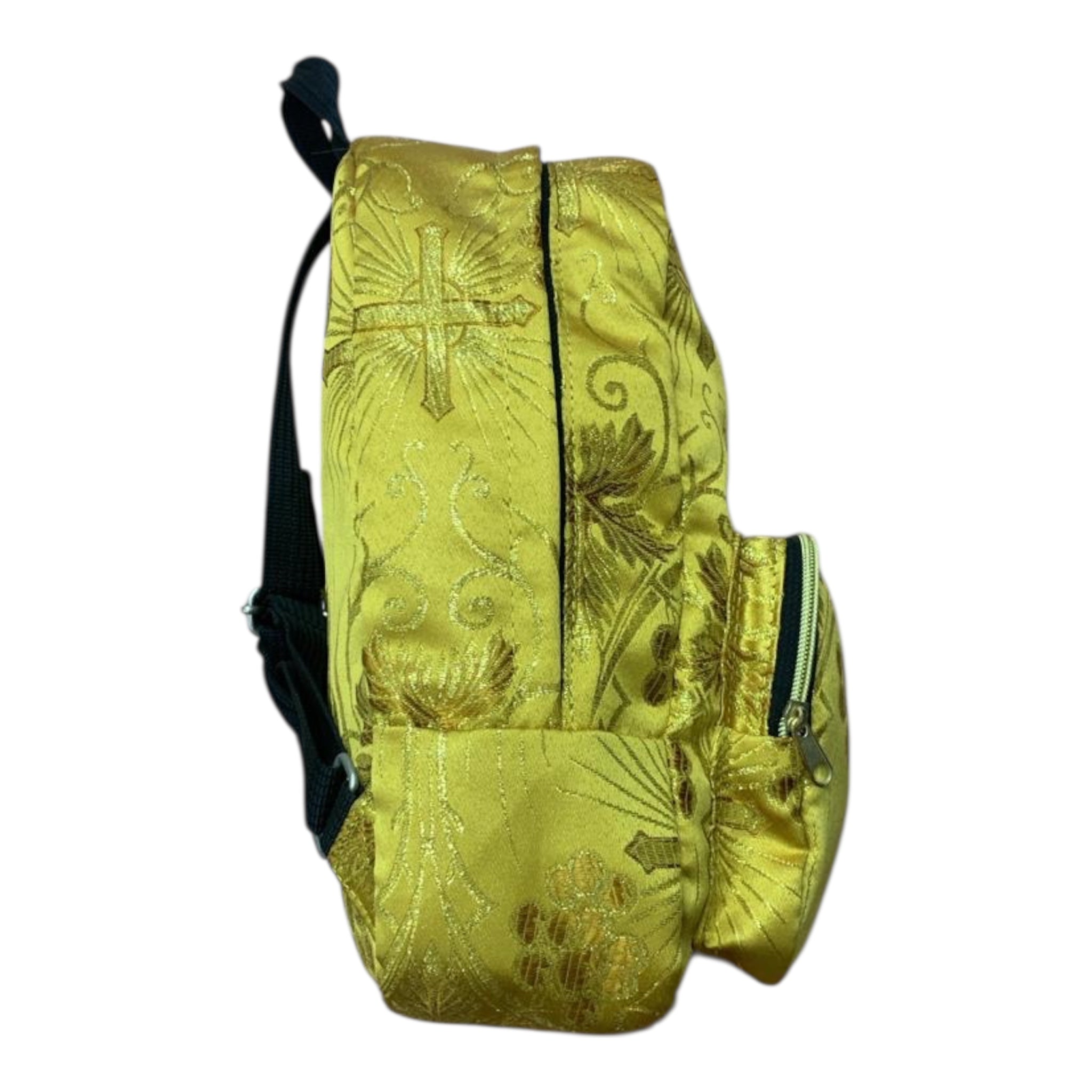 Mochila Mini Sacristía En Tela Brocada Bordada Dorada Corazon De Jesús