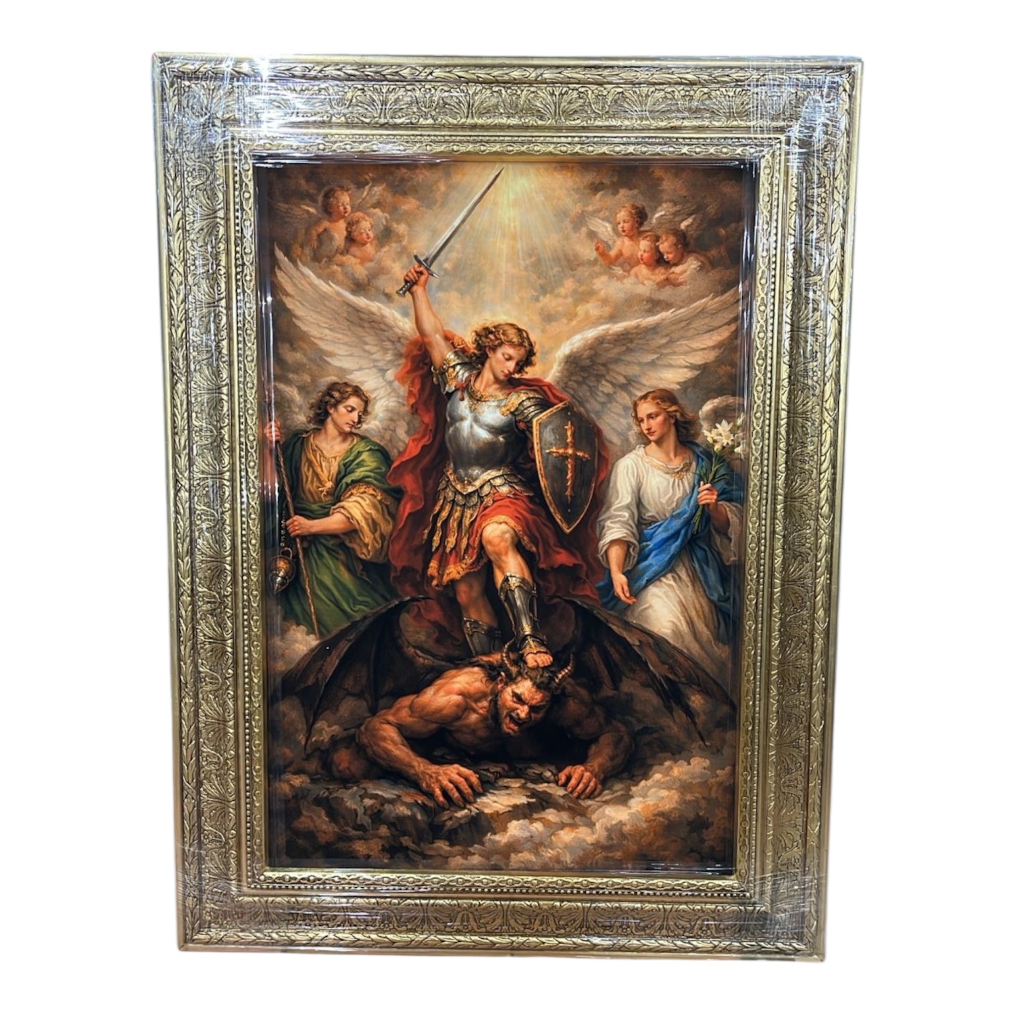 Cuadro San Miguel Arcángel  Marco Madera En Hoja De Oro 74 x 57