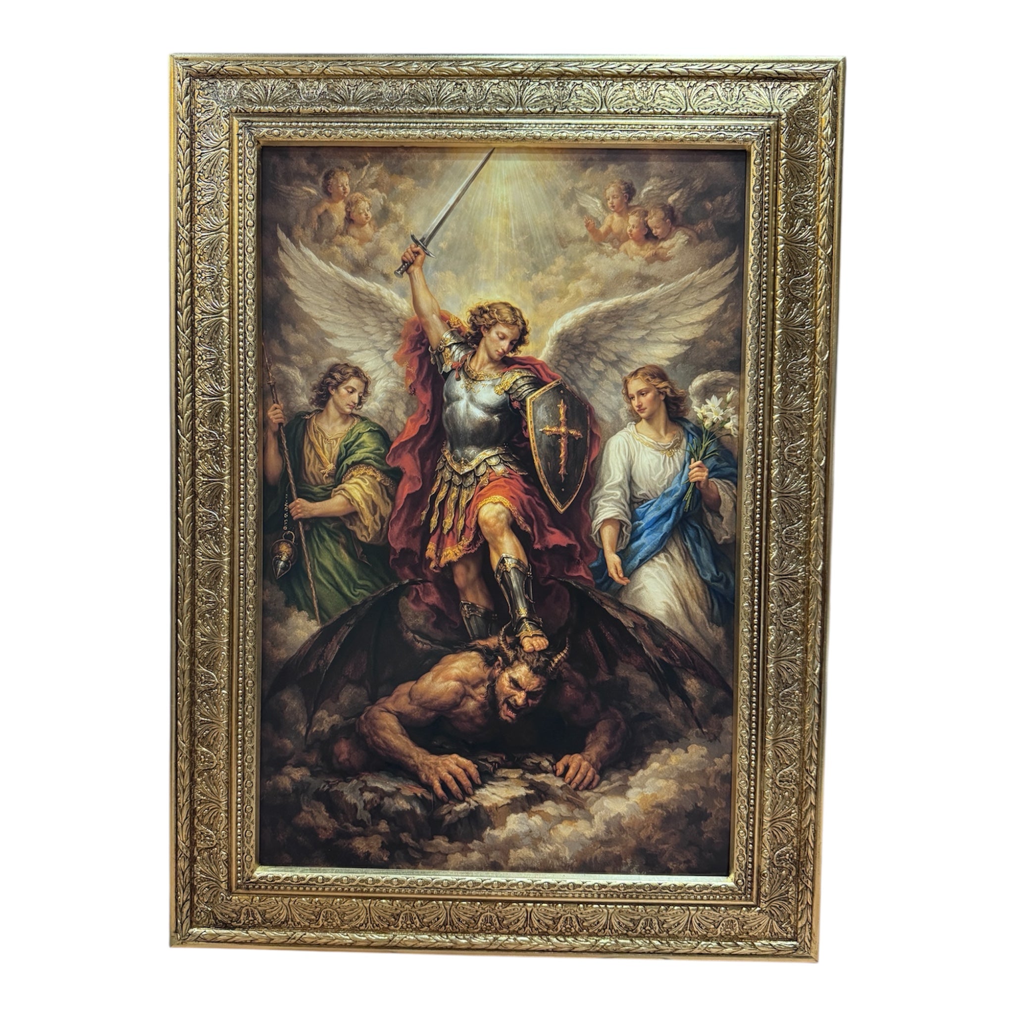 Cuadro San Miguel Arcángel  Marco Madera En Hoja De Oro 77x 56