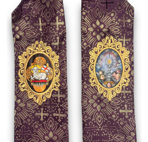 Estola Sacerdotal Brocada Bordada, Pintada A Mano Morada