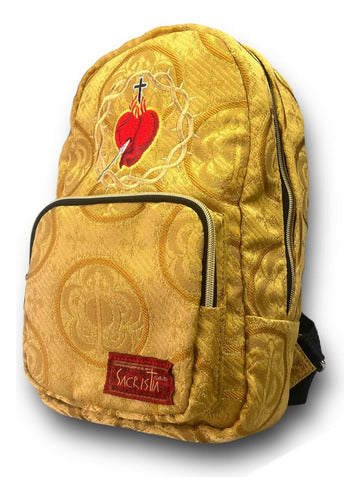 Mochila Mini Sacristía En Tela Brocada Bordada Dorada Corazon De Jesús