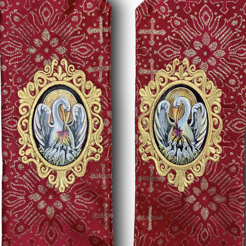 Estola Sacerdotal Brocada Bordada, Pintada A Mano Roja
