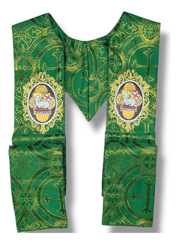 Estola Sacerdotal Brocada Y Bordada,  Pintada A Mano Verde