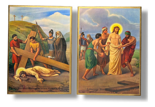 Juego De Viacrucis En Acabado Dorado 42cm X 30cm (15 Pzas)