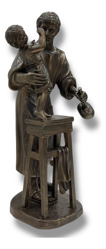 San José Carpintero Con Niño Jesús Acabado Tipo Bronce 22cm