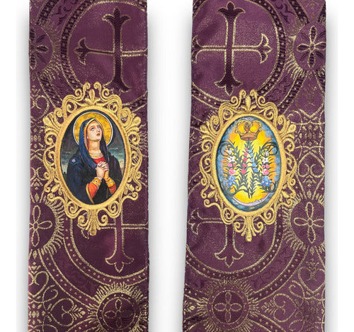 Estola Sacerdotal Brocada Bordada, Pintada A Mano Morada